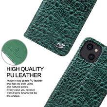 For iPhone 13 Fierre Shann Crocodile Texture Magnetic Horizontal Flip Genuine Leather Case with Holder & Card Slot(Green)