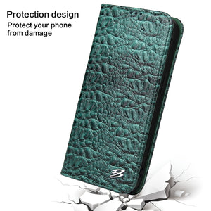 For iPhone 13 Fierre Shann Crocodile Texture Magnetic Horizontal Flip Genuine Leather Case with Holder & Card Slot(Green)