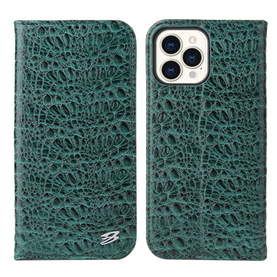 For iPhone 13 Pro Fierre Shann Crocodile Texture Magnetic Horizontal Flip Genuine Leather Case with Holder & Card Slot (Green)