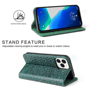 For iPhone 13 Pro Fierre Shann Crocodile Texture Magnetic Horizontal Flip Genuine Leather Case with Holder & Card Slot (Green)