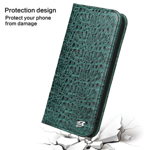 For iPhone 13 Pro Fierre Shann Crocodile Texture Magnetic Horizontal Flip Genuine Leather Case with Holder & Card Slot (Green)