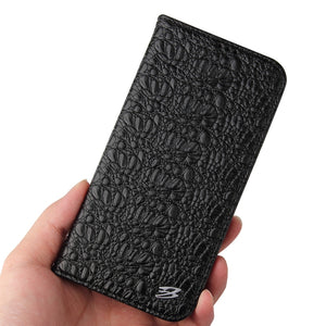 For iPhone 13 Pro Max Fierre Shann Crocodile Texture Magnetic Horizontal Flip Genuine Leather Case with Holder & Card Slot (Black)