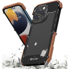 For iPhone 13 R-JUST Ironwood Man Shockproof Metal + Wood Bumper Protective Case