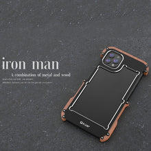 For iPhone 13 R-JUST Ironwood Man Shockproof Metal + Wood Bumper Protective Case