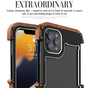 For iPhone 13 Pro R-JUST Ironwood Man Shockproof Metal + Wood Bumper Protective Case