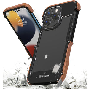For iPhone 13 Pro Max R-JUST Ironwood Man Shockproof Metal + Wood Bumper Protective Case