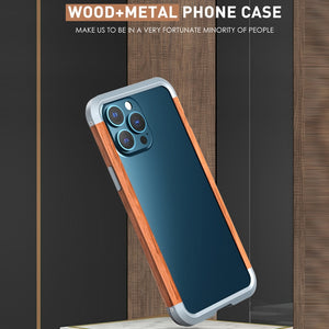 For iPhone 13 R-JUST Shockproof Iron + Wood Bumper Protective Case