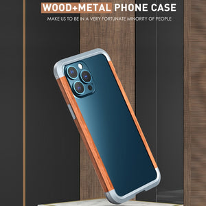 For iPhone 13 Pro R-JUST Shockproof Iron + Wood Bumper Protective Case