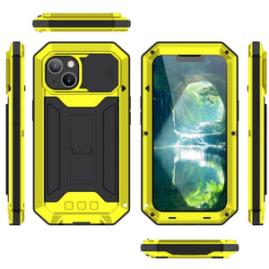 For iPhone 13 mini R-JUST Sliding Camera Shockproof Waterproof Dust-proof Metal + Silicone Protective Case with Holder (Yellow)