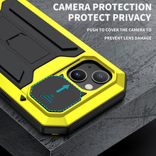 For iPhone 13 mini R-JUST Sliding Camera Shockproof Waterproof Dust-proof Metal + Silicone Protective Case with Holder (Yellow)