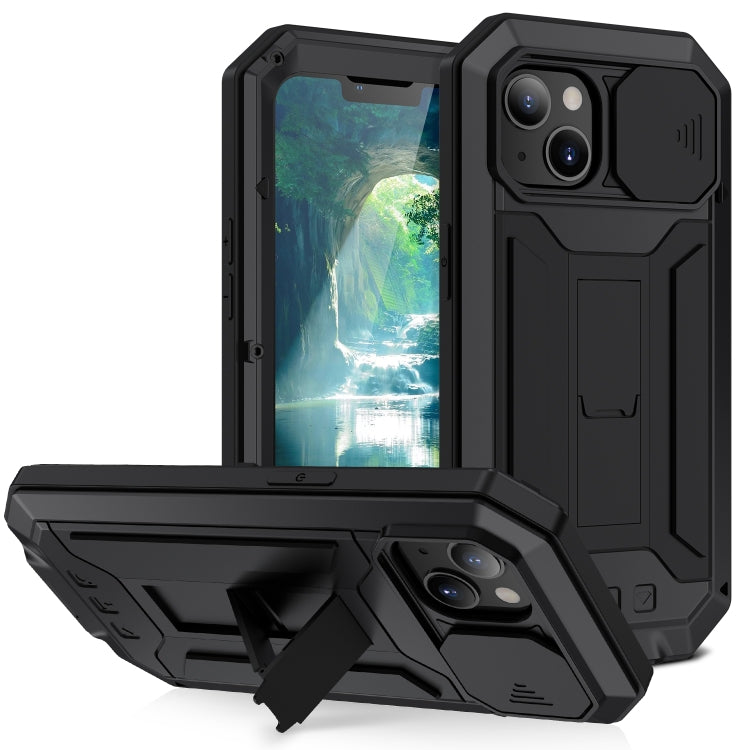 For iPhone 13 R-JUST Sliding Camera Shockproof Waterproof Dust-proof Metal + Silicone Protective Case with Holder(Black)