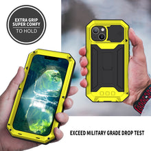 For iPhone 13 R-JUST Sliding Camera Shockproof Waterproof Dust-proof Metal + Silicone Protective Case with Holder(Yellow)