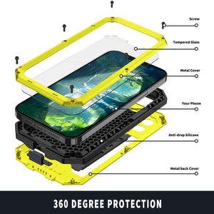 For iPhone 13 R-JUST Sliding Camera Shockproof Waterproof Dust-proof Metal + Silicone Protective Case with Holder(Yellow)