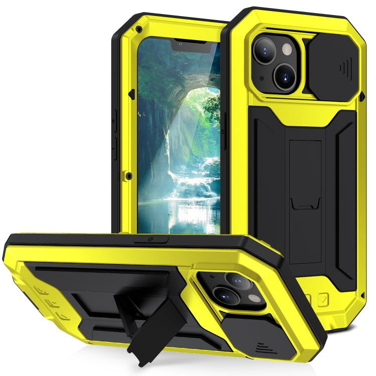 For iPhone 13 R-JUST Sliding Camera Shockproof Waterproof Dust-proof Metal + Silicone Protective Case with Holder(Yellow)