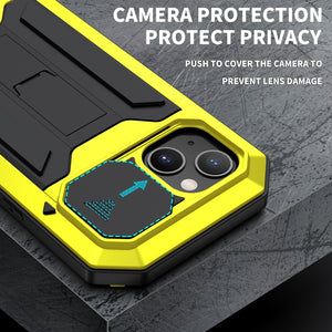 For iPhone 13 R-JUST Sliding Camera Shockproof Waterproof Dust-proof Metal + Silicone Protective Case with Holder(Yellow)