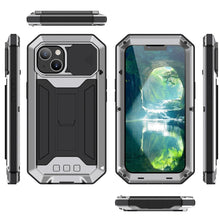 For iPhone 13 R-JUST Sliding Camera Shockproof Waterproof Dust-proof Metal + Silicone Protective Case with Holder(Silver)