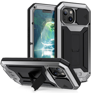 For iPhone 13 R-JUST Sliding Camera Shockproof Waterproof Dust-proof Metal + Silicone Protective Case with Holder(Silver)