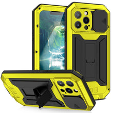 For iPhone 13 Pro R-JUST Sliding Camera Shockproof Waterproof Dust-proof Metal + Silicone Protective Case with Holder (Yellow)