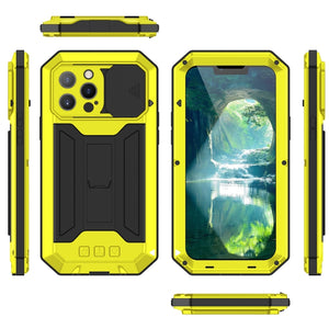 For iPhone 13 Pro R-JUST Sliding Camera Shockproof Waterproof Dust-proof Metal + Silicone Protective Case with Holder (Yellow)