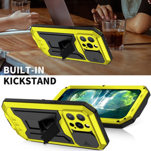 For iPhone 13 Pro R-JUST Sliding Camera Shockproof Waterproof Dust-proof Metal + Silicone Protective Case with Holder (Yellow)