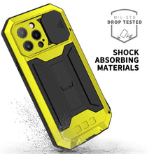 For iPhone 13 Pro R-JUST Sliding Camera Shockproof Waterproof Dust-proof Metal + Silicone Protective Case with Holder (Yellow)