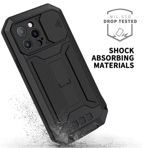 For iPhone 13 Pro Max R-JUST Sliding Camera Shockproof Waterproof Dust-proof Metal + Silicone Protective Case with Holder (Black)