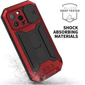For iPhone 13 Pro Max R-JUST Sliding Camera Shockproof Waterproof Dust-proof Metal + Silicone Protective Case with Holder (Red)