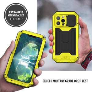 For iPhone 13 Pro Max R-JUST Sliding Camera Shockproof Waterproof Dust-proof Metal + Silicone Protective Case with Holder (Yellow)