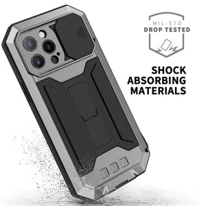For iPhone 13 Pro Max R-JUST Sliding Camera Shockproof Waterproof Dust-proof Metal + Silicone Protective Case with Holder (Silver)