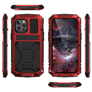 For iPhone 13 R-JUST Shockproof Waterproof Dust-proof Metal + Silicone Protective Case with Holder(Red)