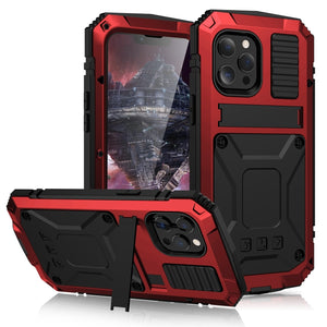 For iPhone 13 R-JUST Shockproof Waterproof Dust-proof Metal + Silicone Protective Case with Holder(Red)