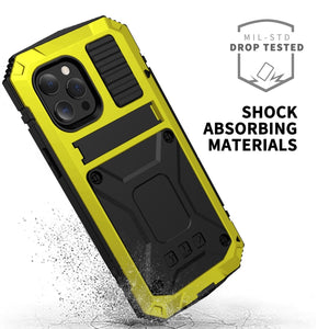 For iPhone 13 R-JUST Shockproof Waterproof Dust-proof Metal + Silicone Protective Case with Holder(Yellow)