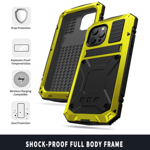 For iPhone 13 R-JUST Shockproof Waterproof Dust-proof Metal + Silicone Protective Case with Holder(Yellow)