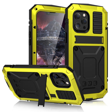 For iPhone 13 Pro R-JUST Shockproof Waterproof Dust-proof Metal + Silicone Protective Case with Holder (Yellow)