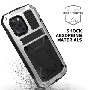 For iPhone 13 Pro R-JUST Shockproof Waterproof Dust-proof Metal + Silicone Protective Case with Holder (Silver)