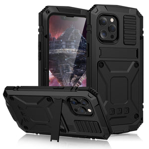For iPhone 13 Pro Max R-JUST Shockproof Waterproof Dust-proof Metal + Silicone Protective Case with Holder (Black)