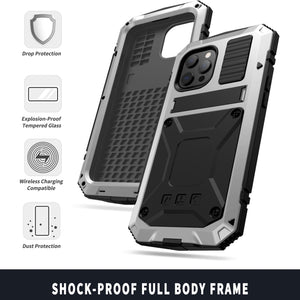 For iPhone 13 Pro Max R-JUST Shockproof Waterproof Dust-proof Metal + Silicone Protective Case with Holder (Silver)