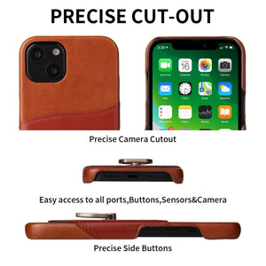 For iPhone 13 Fierre Shann Oil Wax Texture Genuine Leather Back Cover Case with 360 Degree Rotation Holder & Card Slot(Brown)