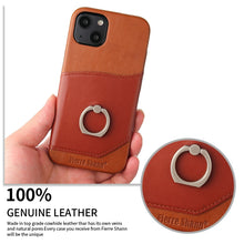 For iPhone 13 Fierre Shann Oil Wax Texture Genuine Leather Back Cover Case with 360 Degree Rotation Holder & Card Slot(Brown)