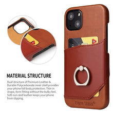 For iPhone 13 Fierre Shann Oil Wax Texture Genuine Leather Back Cover Case with 360 Degree Rotation Holder & Card Slot(Brown)