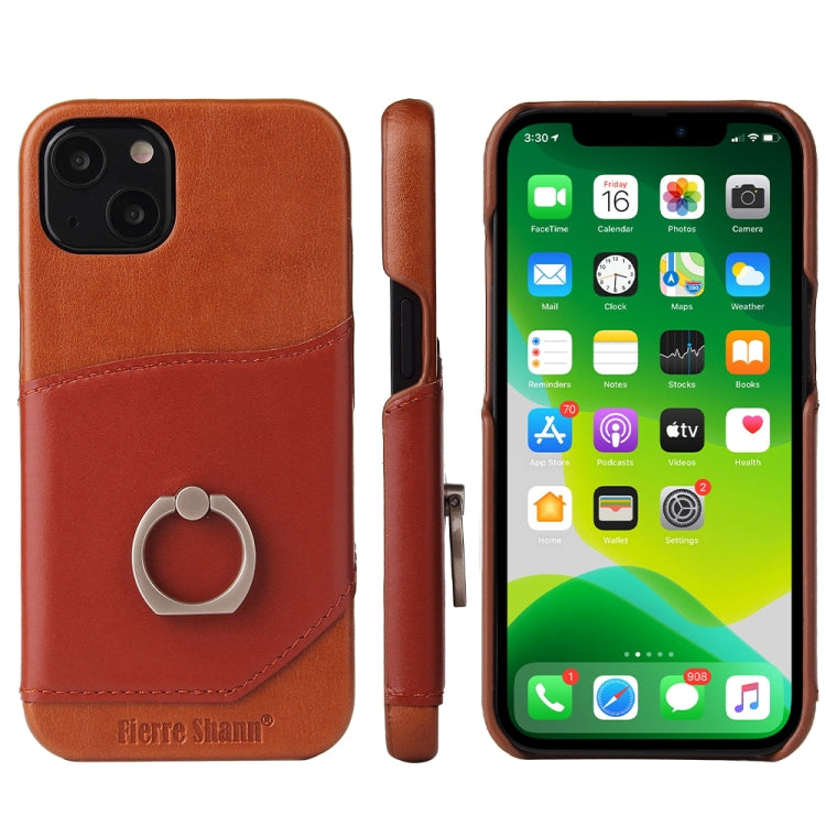 For iPhone 13 Fierre Shann Oil Wax Texture Genuine Leather Back Cover Case with 360 Degree Rotation Holder & Card Slot(Brown)