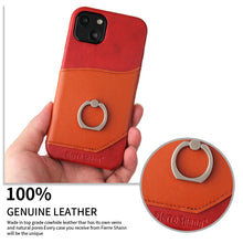 For iPhone 13 Fierre Shann Oil Wax Texture Genuine Leather Back Cover Case with 360 Degree Rotation Holder & Card Slot(Red)