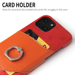 For iPhone 13 Fierre Shann Oil Wax Texture Genuine Leather Back Cover Case with 360 Degree Rotation Holder & Card Slot(Red)