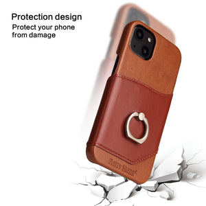 For iPhone 13 mini Fierre Shann Oil Wax Texture Genuine Leather Back Cover Case with 360 Degree Rotation Holder & Card Slot (Brown)