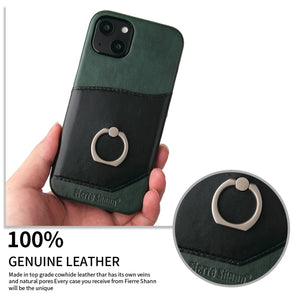 For iPhone 13 mini Fierre Shann Oil Wax Texture Genuine Leather Back Cover Case with 360 Degree Rotation Holder & Card Slot (Black)