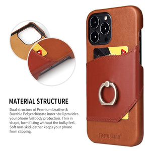 For iPhone 13 Pro Fierre Shann Oil Wax Texture Genuine Leather Back Cover Case with 360 Degree Rotation Holder & Card Slot (Brown)