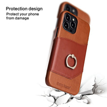 For iPhone 13 Pro Fierre Shann Oil Wax Texture Genuine Leather Back Cover Case with 360 Degree Rotation Holder & Card Slot (Brown)