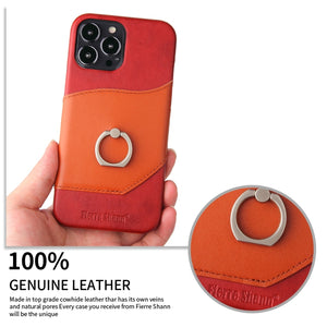 For iPhone 13 Pro Fierre Shann Oil Wax Texture Genuine Leather Back Cover Case with 360 Degree Rotation Holder & Card Slot (Red)