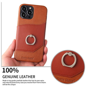 For iPhone 13 Pro Max Fierre Shann Oil Wax Texture Genuine Leather Back Cover Case with 360 Degree Rotation Holder & Card Slot (Brown)