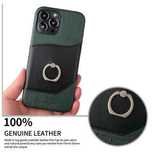 For iPhone 13 Pro Max Fierre Shann Oil Wax Texture Genuine Leather Back Cover Case with 360 Degree Rotation Holder & Card Slot (Black)